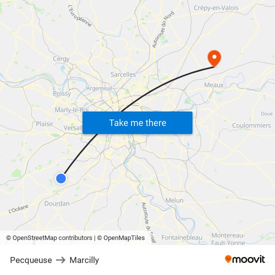 Pecqueuse to Marcilly map