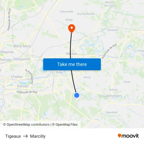 Tigeaux to Marcilly map