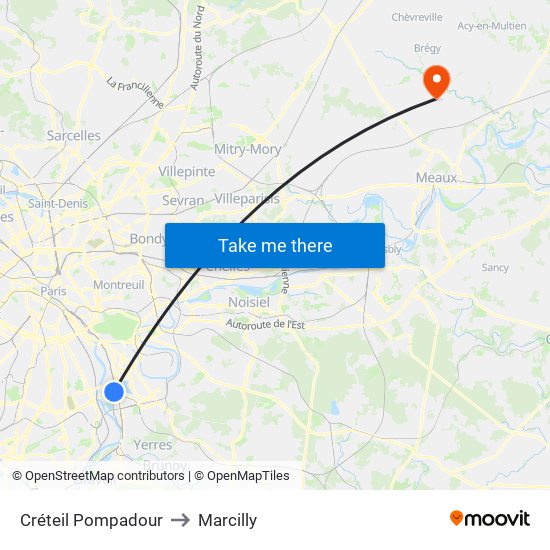 Créteil Pompadour to Marcilly map