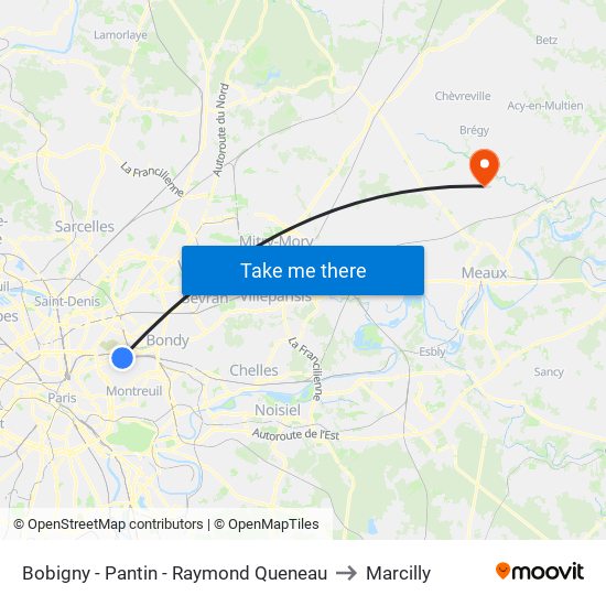Bobigny - Pantin - Raymond Queneau to Marcilly map