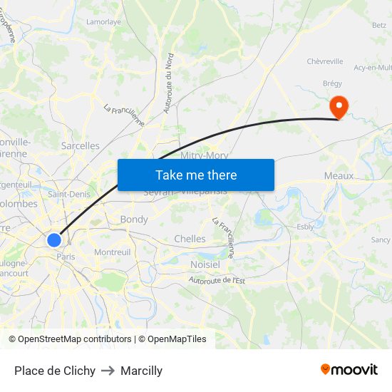 Place de Clichy to Marcilly map