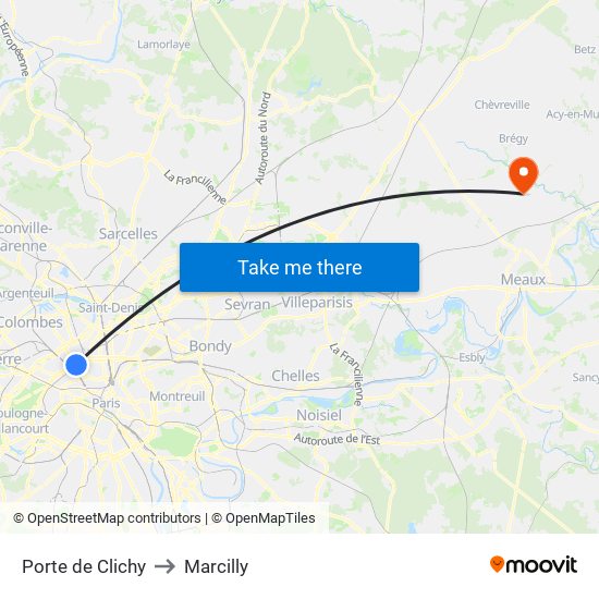 Porte de Clichy to Marcilly map