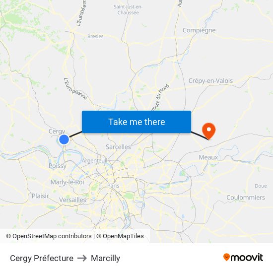 Cergy Préfecture to Marcilly map