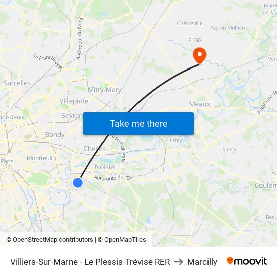 Villiers-Sur-Marne - Le Plessis-Trévise RER to Marcilly map