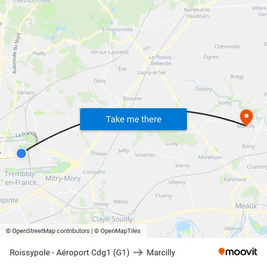 Roissypole - Aéroport Cdg1 (G1) to Marcilly map