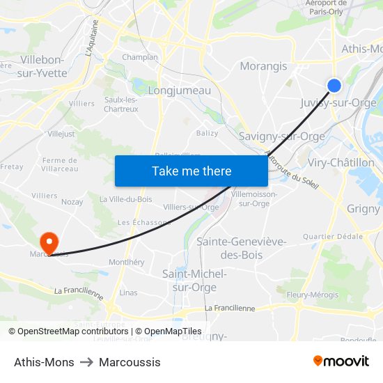 Athis-Mons to Marcoussis map