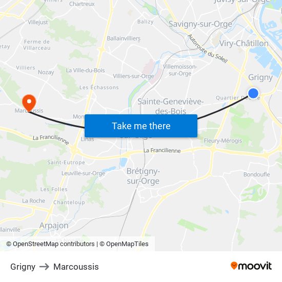 Grigny to Marcoussis map