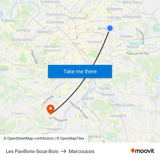 Les Pavillons-Sous-Bois to Marcoussis map