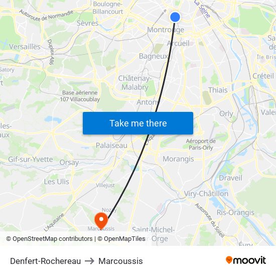 Denfert-Rochereau to Marcoussis map