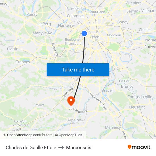 Charles de Gaulle Etoile to Marcoussis map