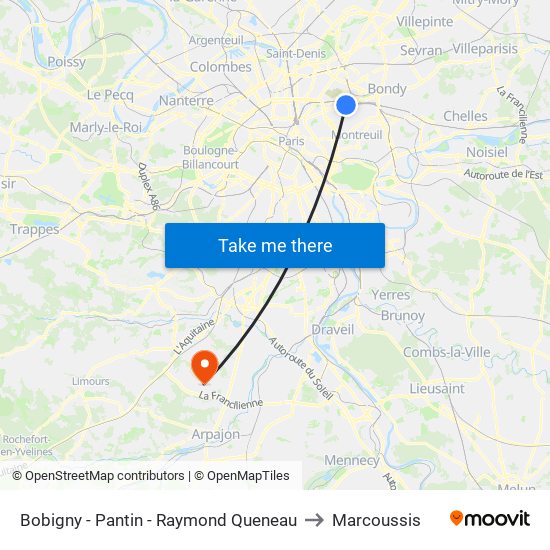 Bobigny - Pantin - Raymond Queneau to Marcoussis map