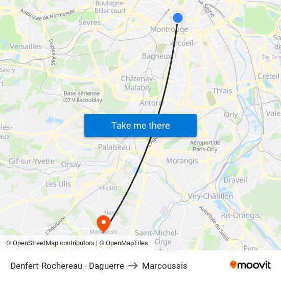 Denfert-Rochereau - Daguerre to Marcoussis map