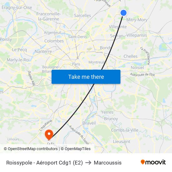 Roissypole - Aéroport Cdg1 (E2) to Marcoussis map