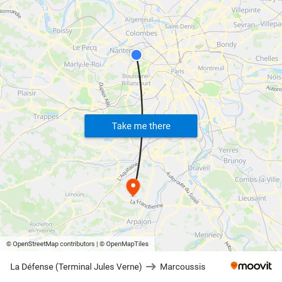 La Défense (Terminal Jules Verne) to Marcoussis map