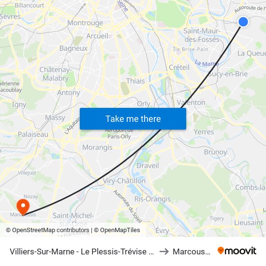 Villiers-Sur-Marne - Le Plessis-Trévise RER to Marcoussis map