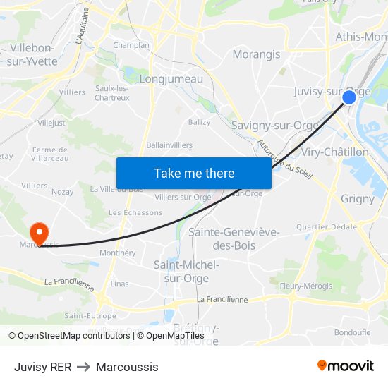 Juvisy RER to Marcoussis map