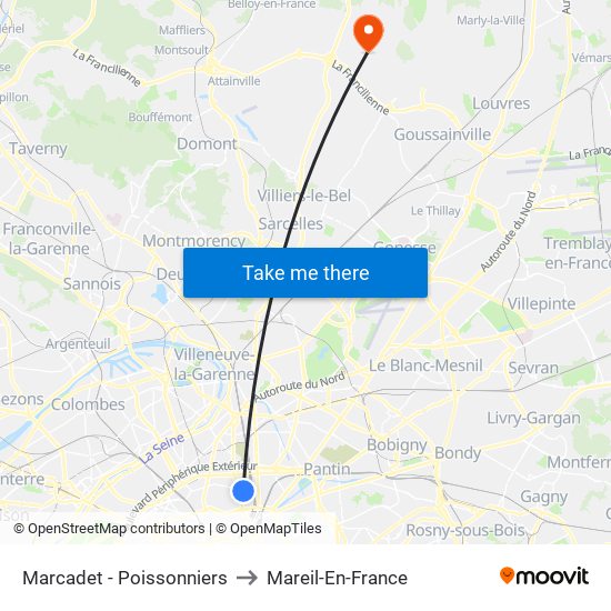 Marcadet - Poissonniers to Mareil-En-France map