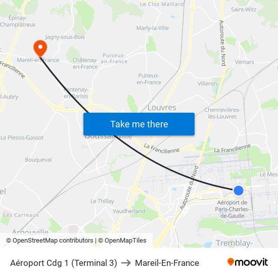 Aéroport Cdg 1 (Terminal 3) to Mareil-En-France map