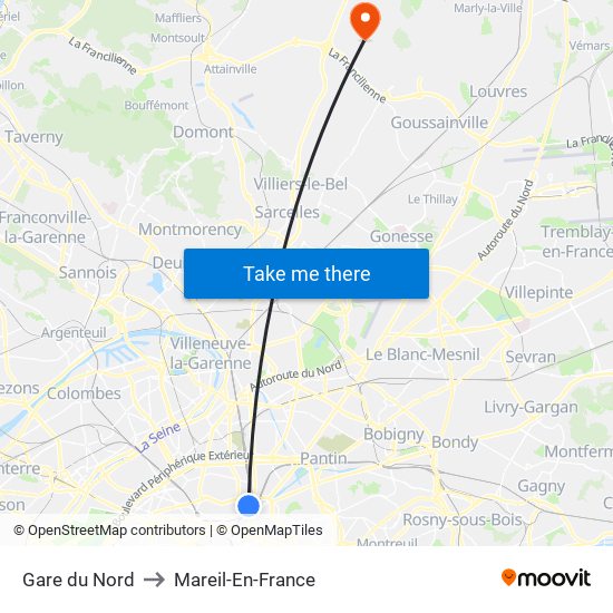 Gare du Nord to Mareil-En-France map
