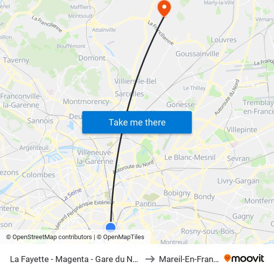La Fayette - Magenta - Gare du Nord to Mareil-En-France map