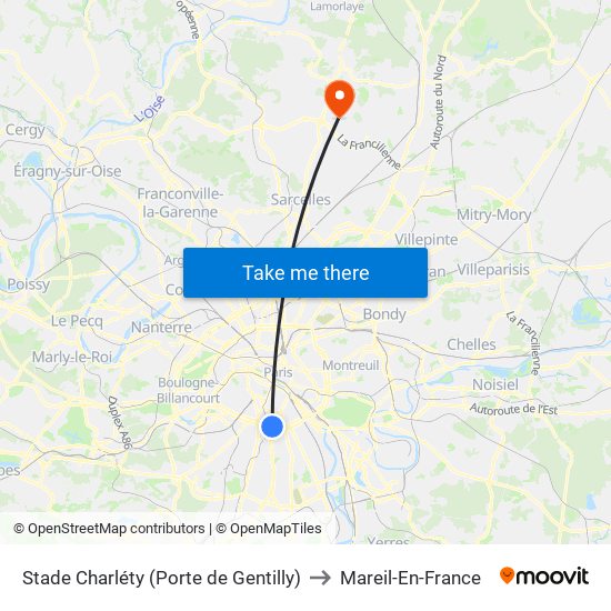 Stade Charléty (Porte de Gentilly) to Mareil-En-France map