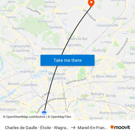 Charles de Gaulle - Étoile - Wagram to Mareil-En-France map