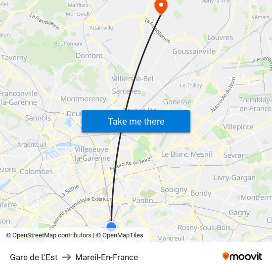 Gare de L'Est to Mareil-En-France map
