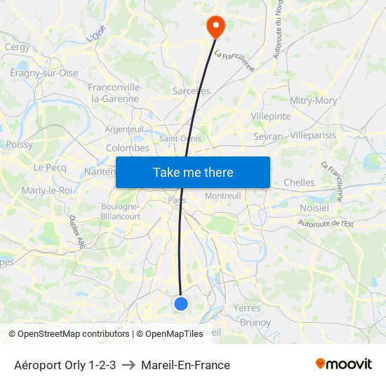 Aéroport Orly 1-2-3 to Mareil-En-France map