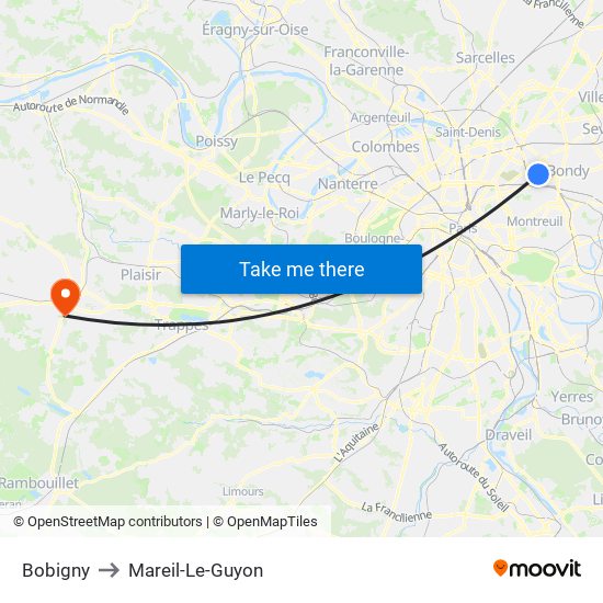 Bobigny to Mareil-Le-Guyon map