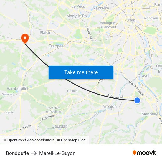 Bondoufle to Mareil-Le-Guyon map