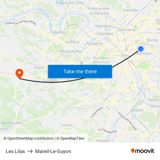 Les Lilas to Mareil-Le-Guyon map
