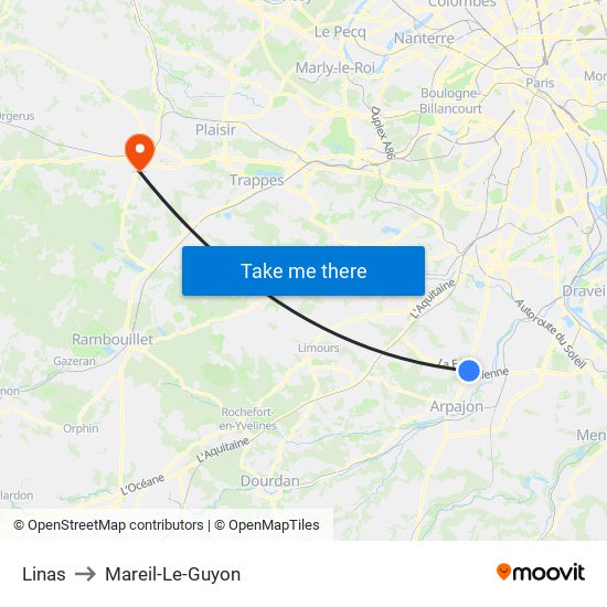 Linas to Mareil-Le-Guyon map