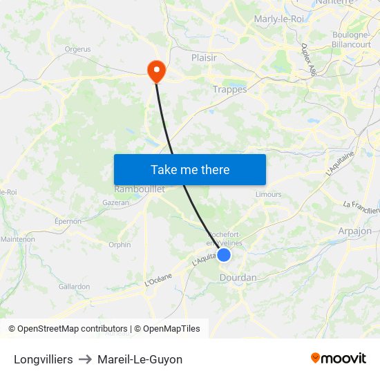 Longvilliers to Mareil-Le-Guyon map