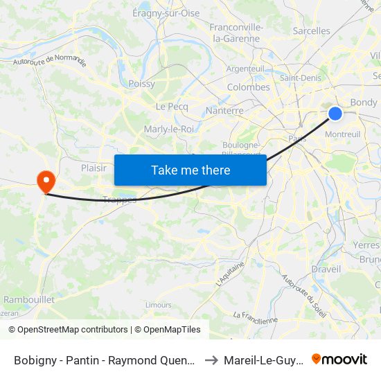 Bobigny - Pantin - Raymond Queneau to Mareil-Le-Guyon map