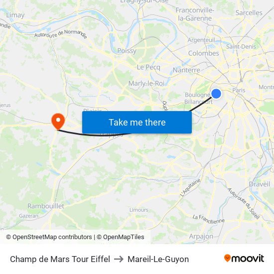 Champ de Mars Tour Eiffel to Mareil-Le-Guyon map