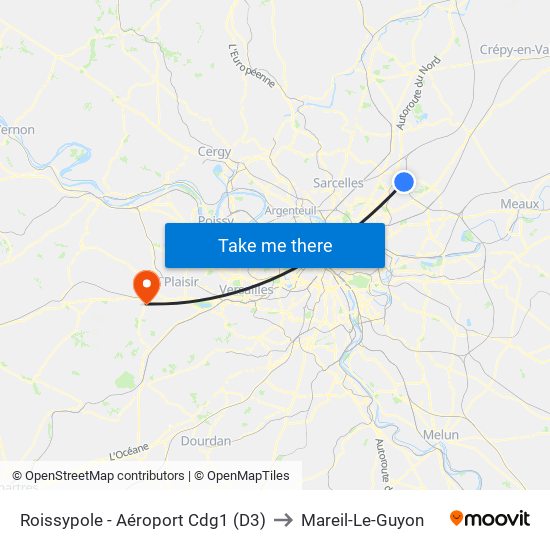 Roissypole - Aéroport Cdg1 (D3) to Mareil-Le-Guyon map