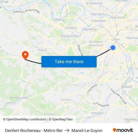 Denfert-Rochereau - Métro-Rer to Mareil-Le-Guyon map