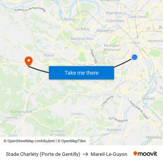 Stade Charléty (Porte de Gentilly) to Mareil-Le-Guyon map