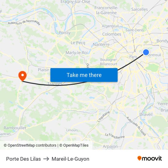 Porte Des Lilas to Mareil-Le-Guyon map