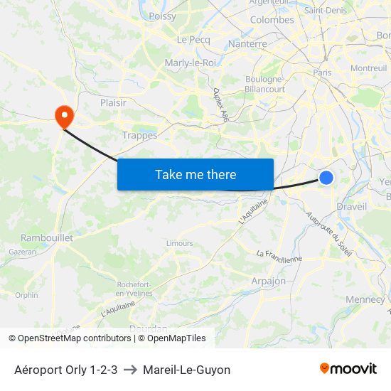 Aéroport Orly 1-2-3 to Mareil-Le-Guyon map