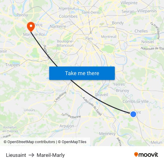 Lieusaint to Mareil-Marly map