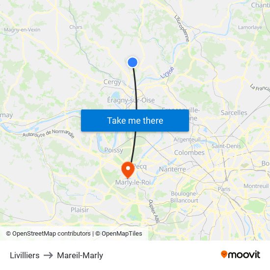 Livilliers to Mareil-Marly map