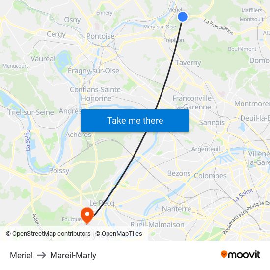 Meriel to Mareil-Marly map