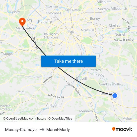 Moissy-Cramayel to Mareil-Marly map