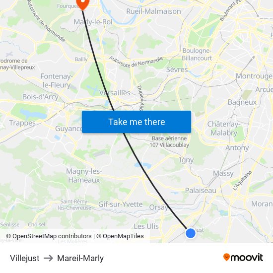 Villejust to Mareil-Marly map