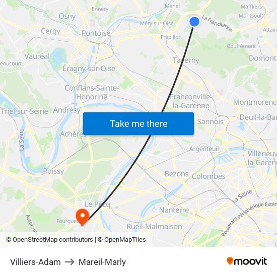 Villiers-Adam to Mareil-Marly map