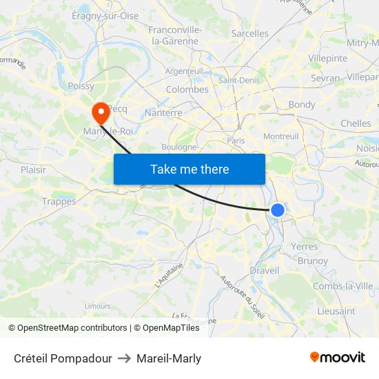 Créteil Pompadour to Mareil-Marly map