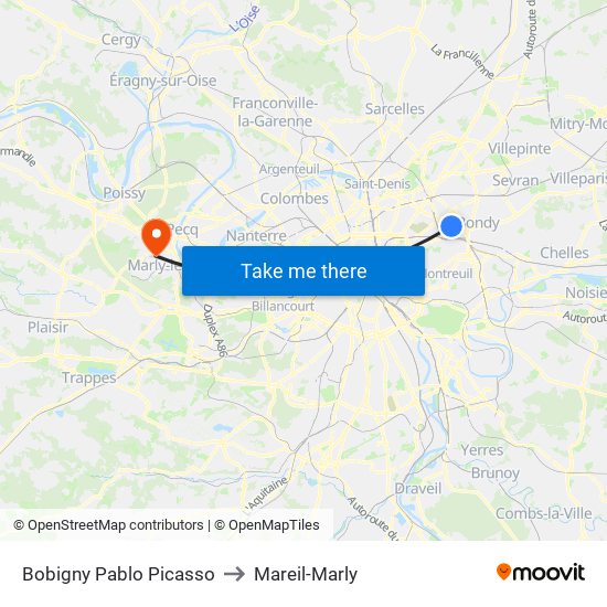 Bobigny Pablo Picasso to Mareil-Marly map