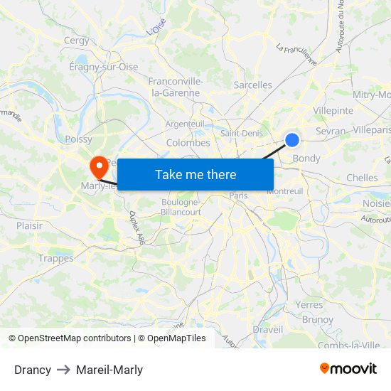 Drancy to Mareil-Marly map