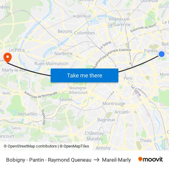 Bobigny - Pantin - Raymond Queneau to Mareil-Marly map